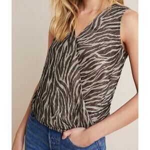 Anthropologie Top S ERI ALI Faux Wrap Kasi Shimmer Zebra Gold Semi Sheer NWT